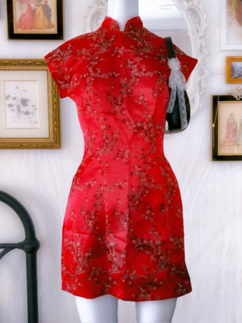 Y2K Asian cheongsam qipao plum blossom embroidery mini red dress